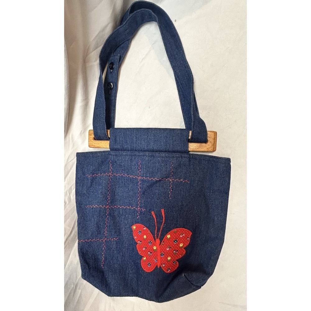 VTG 70s Handmade Denim Butterfly Purse Tote Wood Handles Boho Hippie Festival